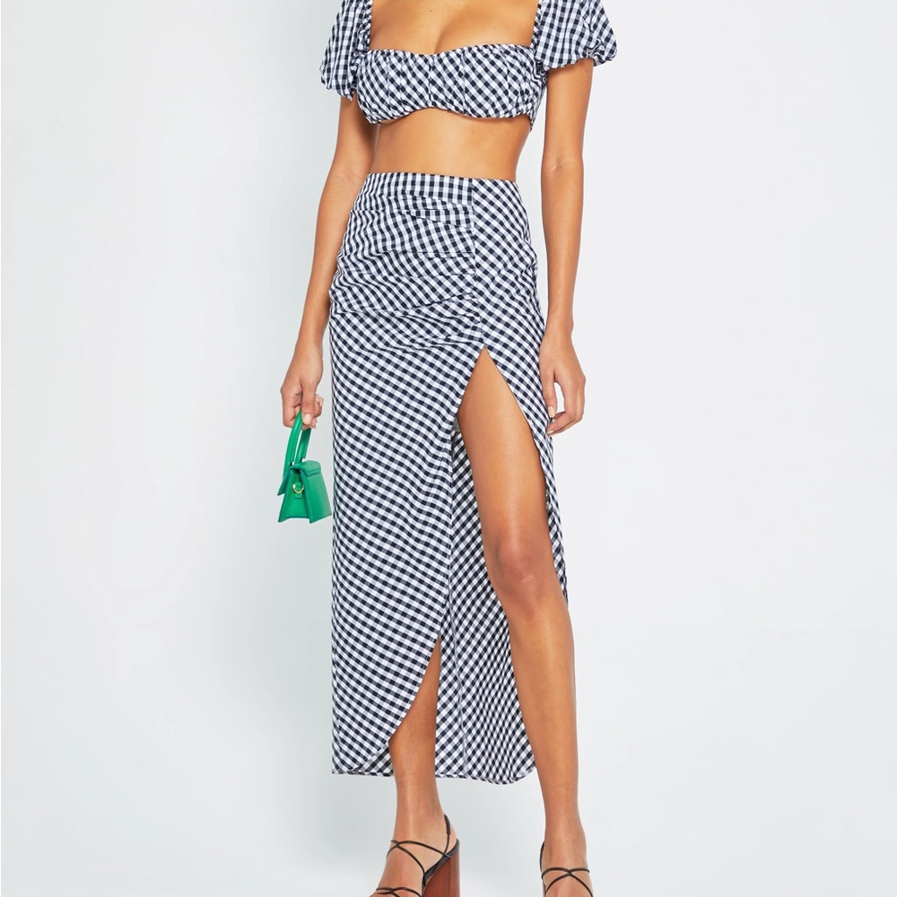 Gingham High-Slit Maxi Skirt in Black & White